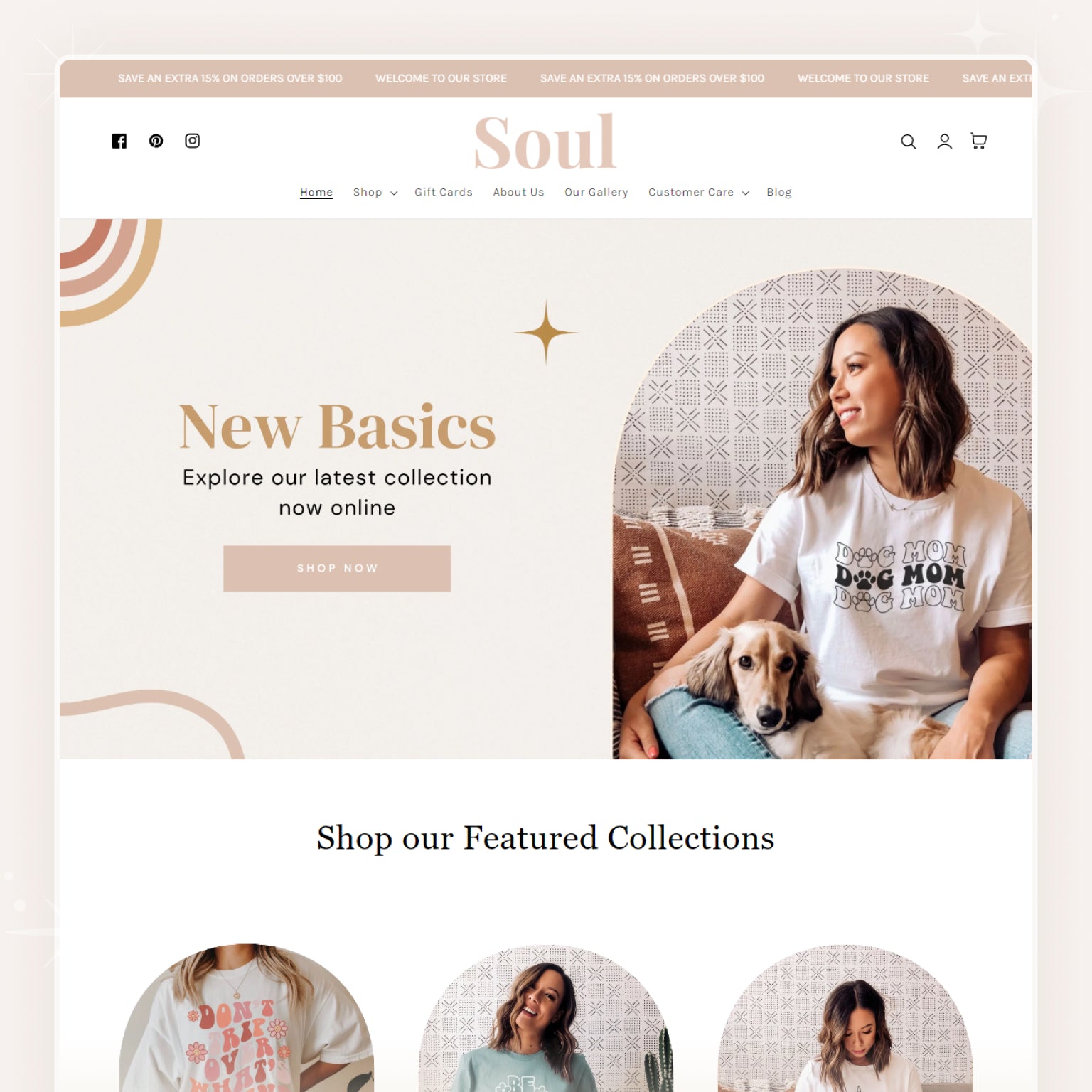 Shopify theme showcase page featuring a boutique clothing store with a feminine design, new basics collection, and featured products.