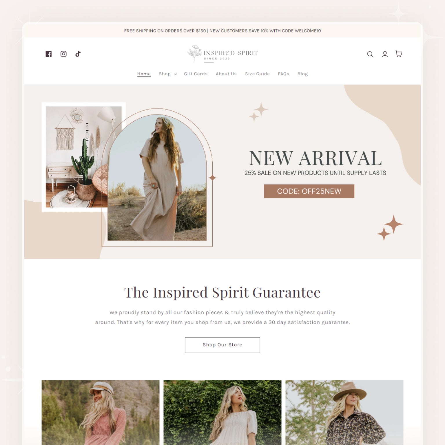 Shopify theme interface for a boho boutique with a minimalist design featuring clothing items and promotional sections like 'NEW ARRIVAL'.