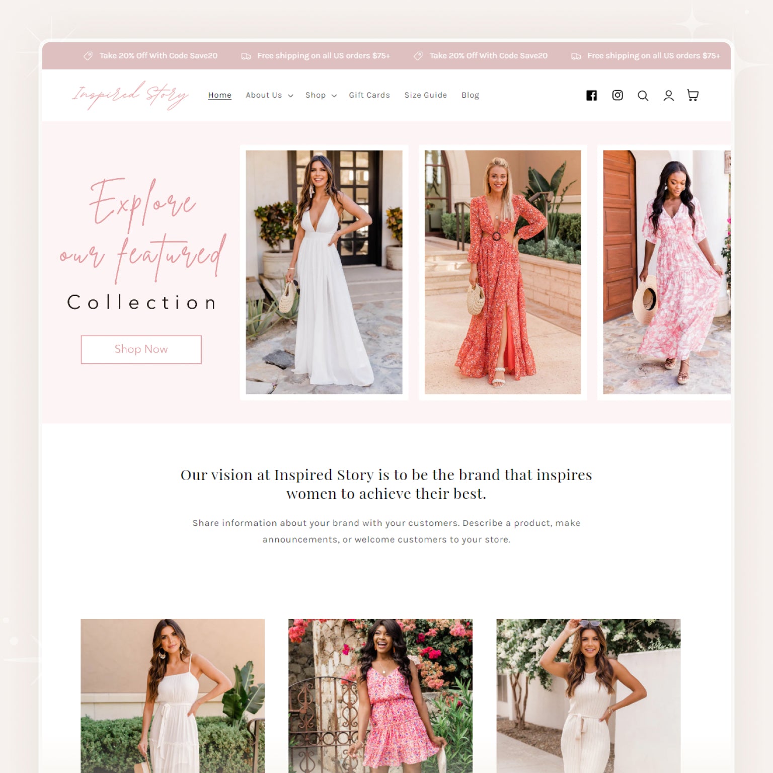 A screenshot of the 'Story' theme on a Shopify store, displaying women's fashion clothing in various styles.