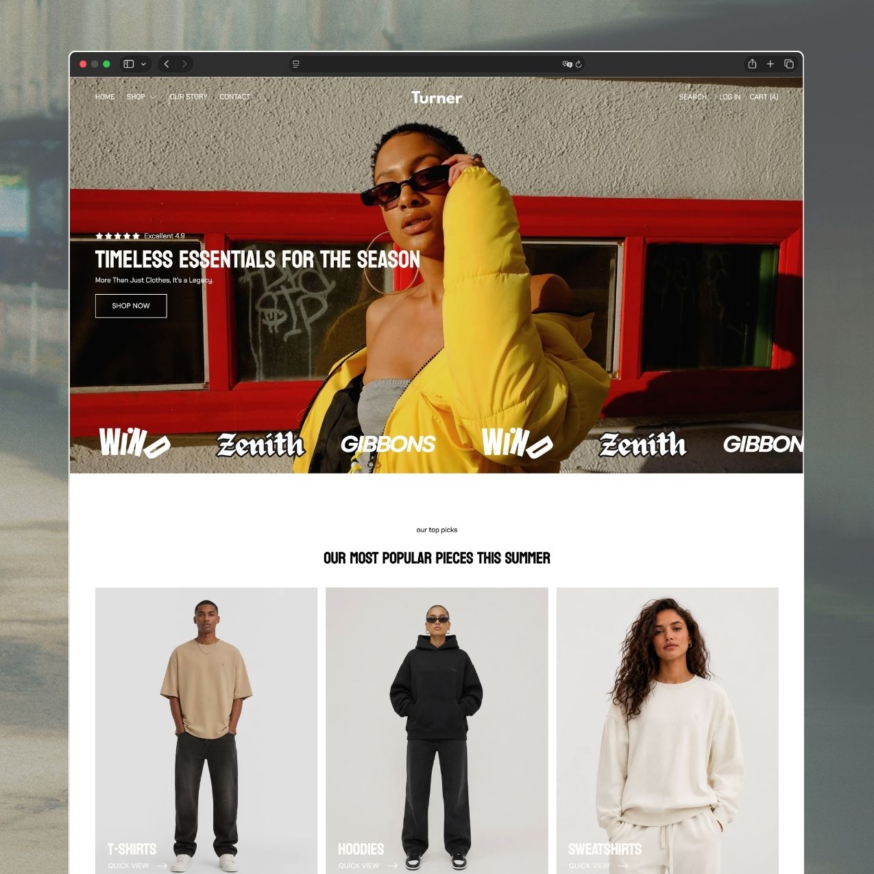 Turner theme homepage showing full-bleed hero image with bold typography, scrolling brand logos, and product category grid